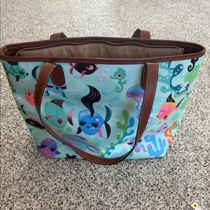 fluff Aqua Sea Life Canvas Tote with Brown Trim